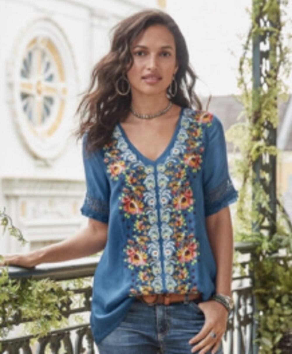 Sundance Cupro Embroidered Floral Boho Blouse Rossi Blue Short Sleeve Women's